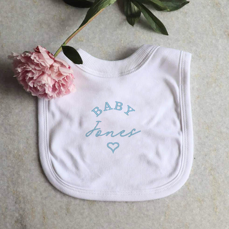 Baby embroidered curved baby name bib